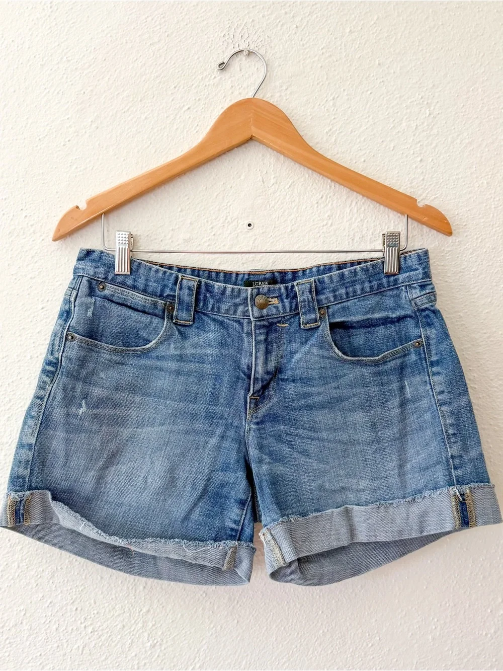 J.Crew 5" High-Rise Light Wash Rolled Cuff Distressed Denim Shorts - Picture 2 of 10